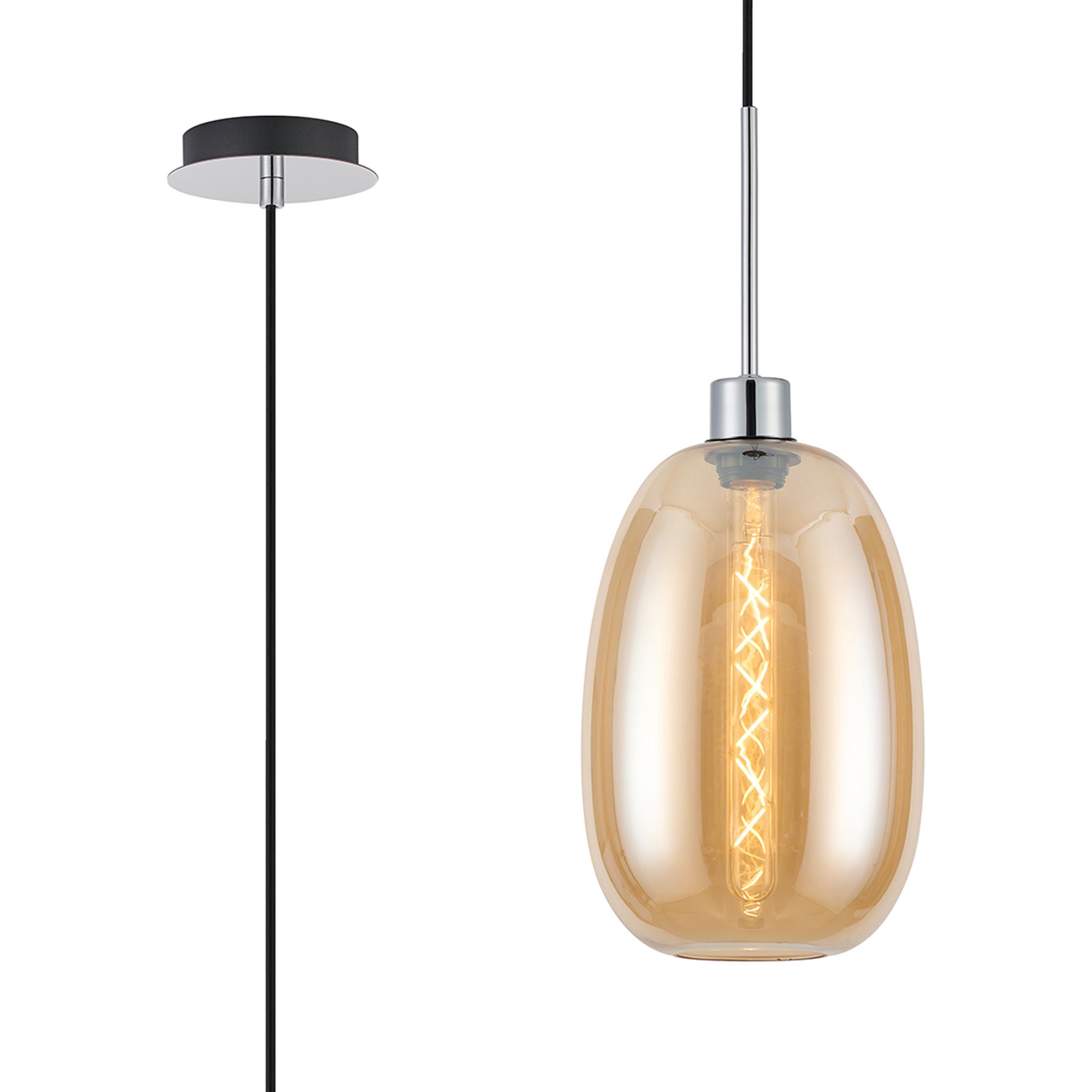 Lori 1.7m Single Pendant, 1 Light Adjustable E27, Polished Chrome/Amber Slim Curved Trapezium Shades