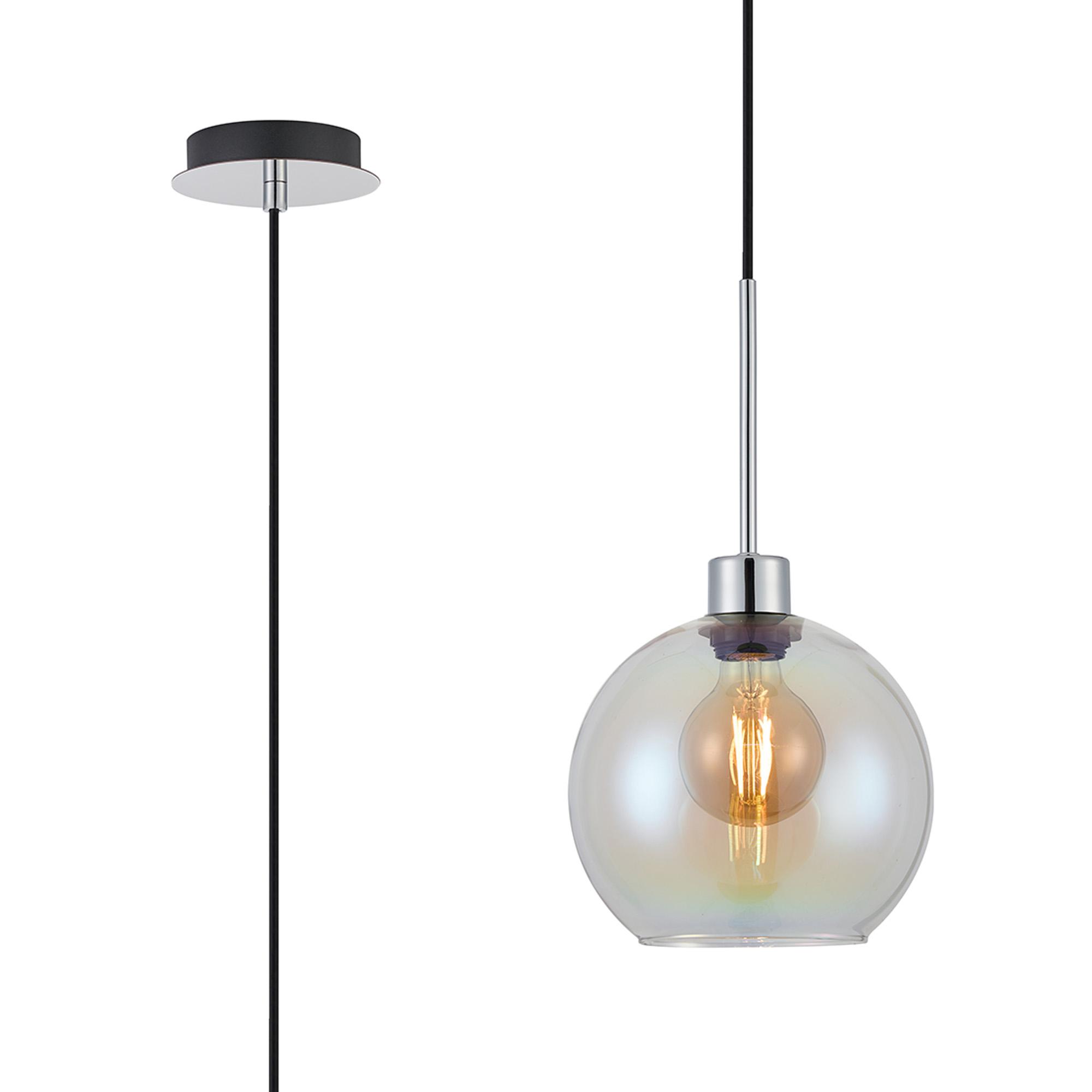 Lori 1.7m Single Pendant, 1 Light Adjustable E27, Polished Chrome/Iridescent Open Mouth Round Globe Shades