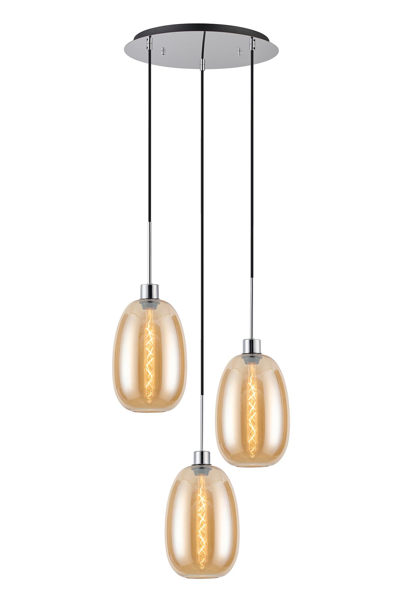 Lori 40cm Round Pendant, 3 Light Adjustable E27, Polished Chrome/Amber Slim Curved Trapezium Shades