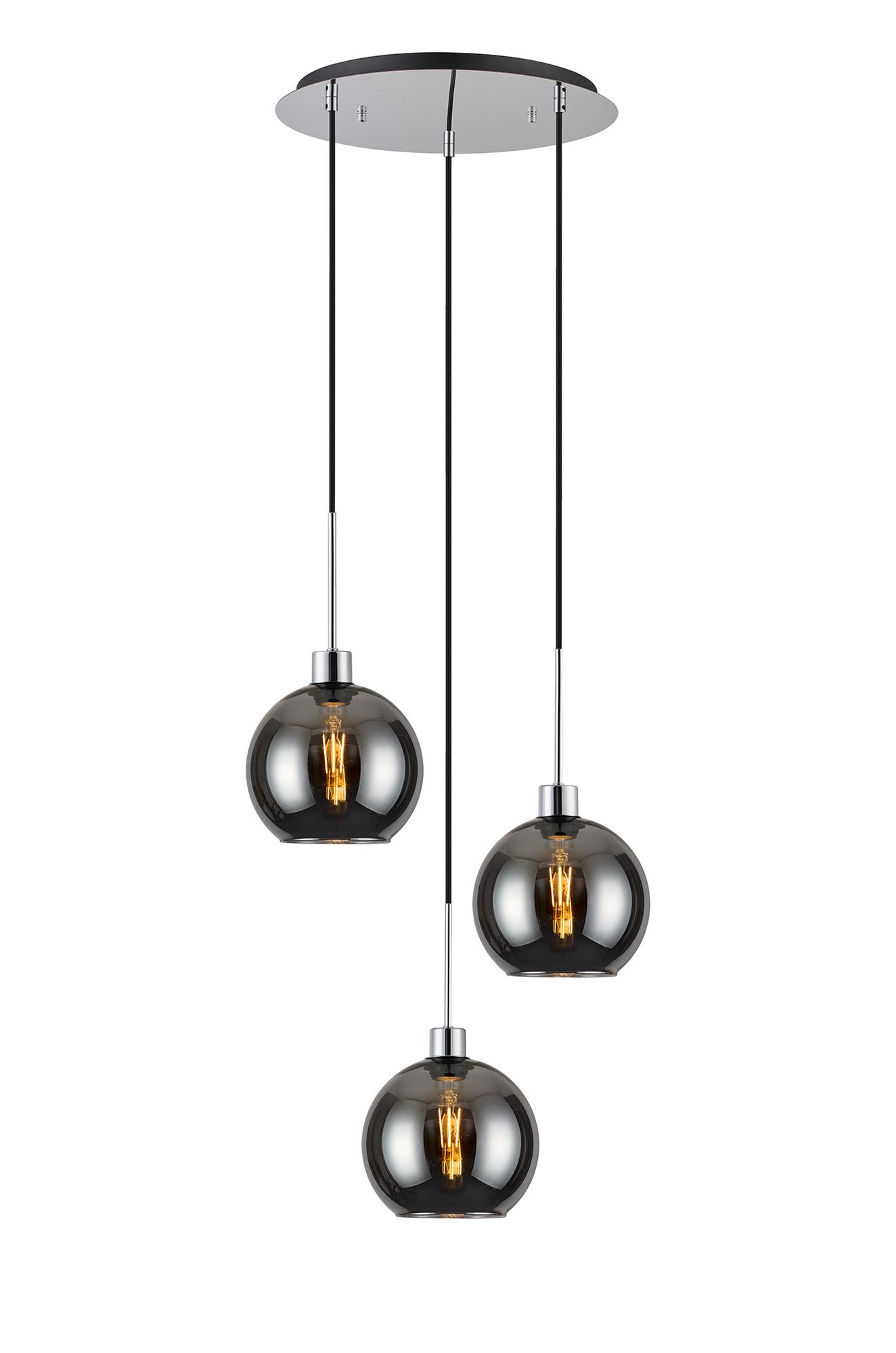 Lori 40cm Round Pendant, 3 Light Adjustable E27, Polished Chrome/Chrome Open Mouth Round Globe Shades