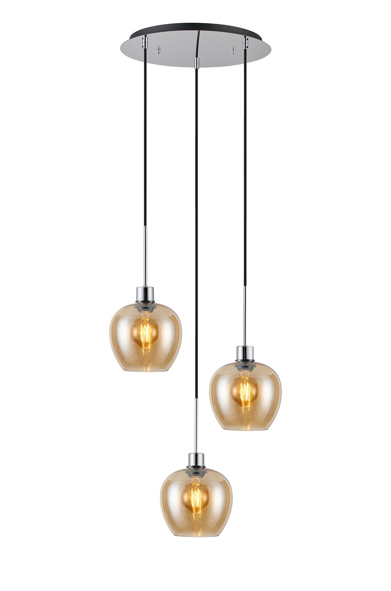 Lori 40cm Round Pendant, 3 Light Adjustable E27, Polished Chrome/Amber Wine Shades