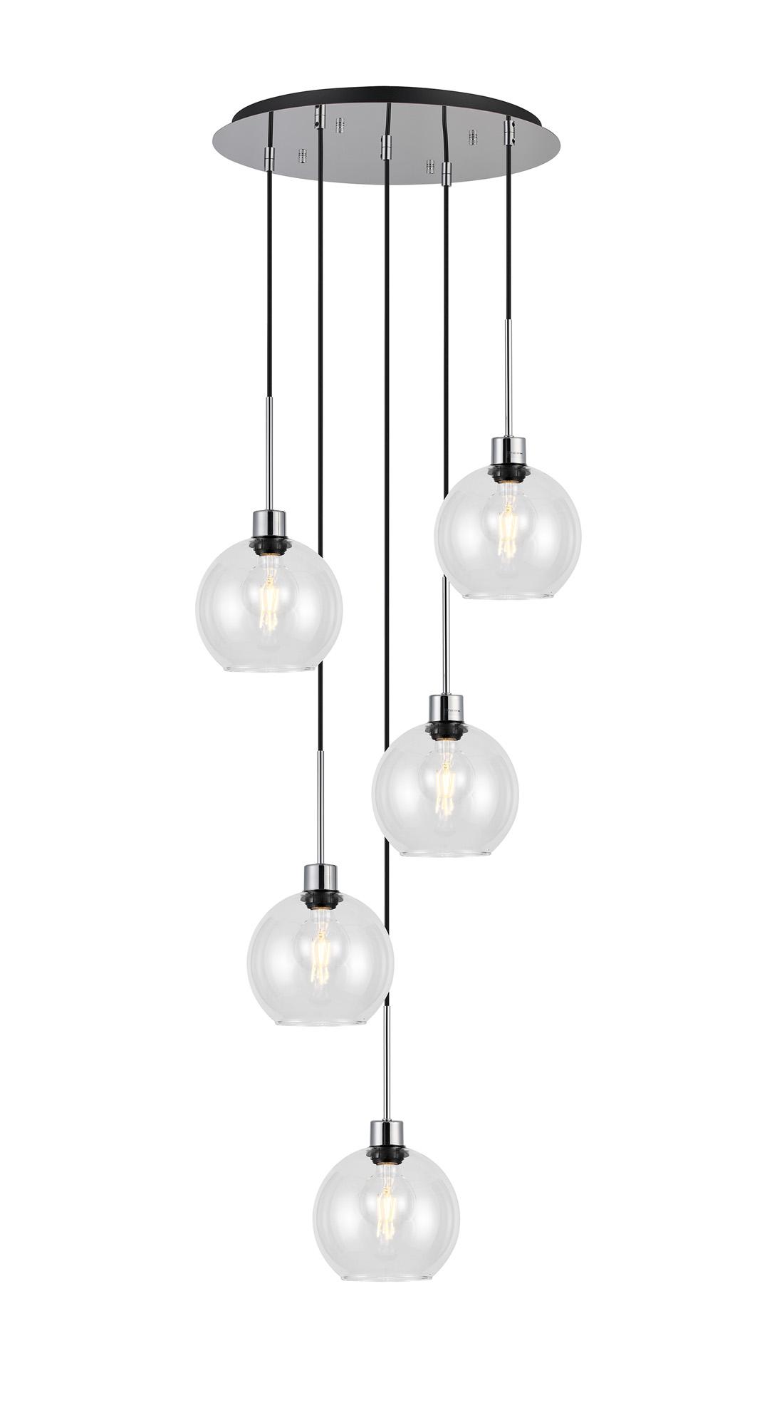 Lori 45cm Round Pendant, 5 Light Adjustable E27, Polished Chrome/Clear Open Mouth Round Globe Shades