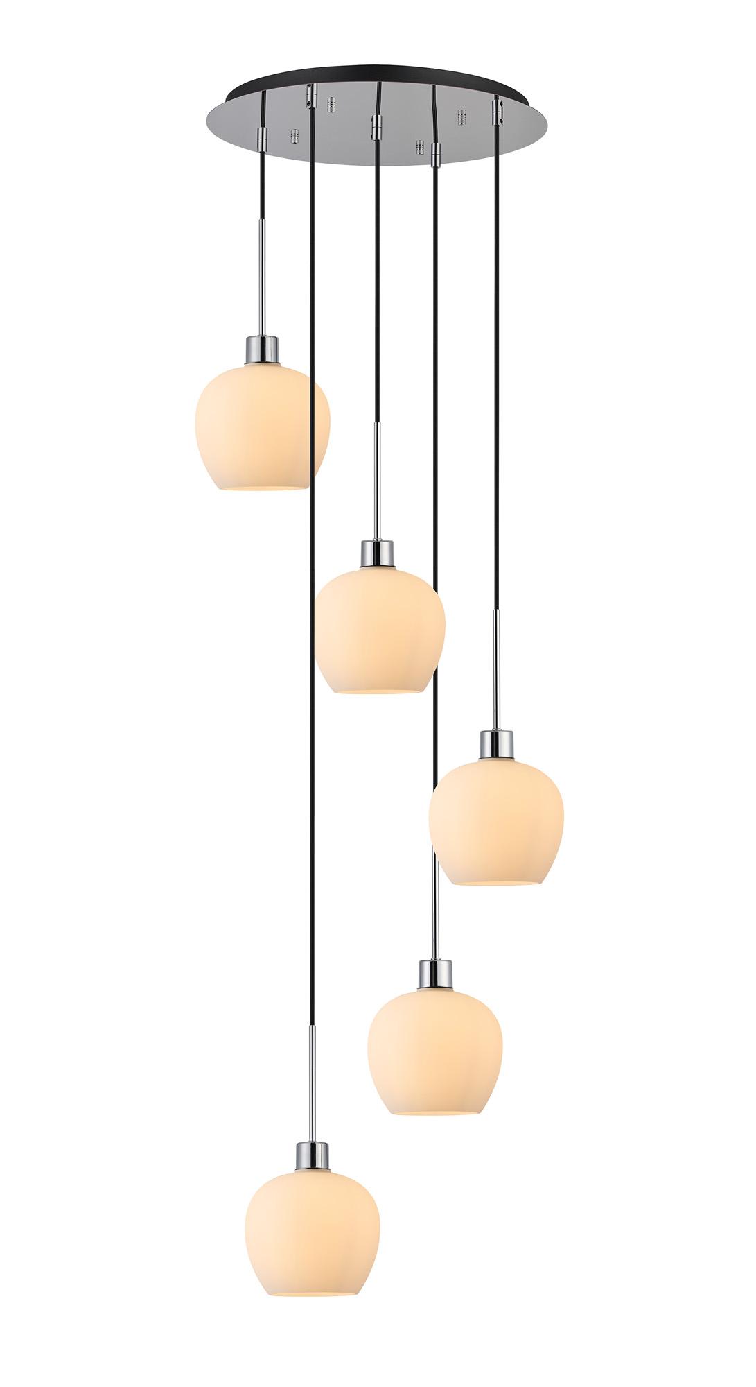 Lori 45cm Round Pendant, 5 Light Adjustable E27, Polished Chrome/Opal Wine Shades