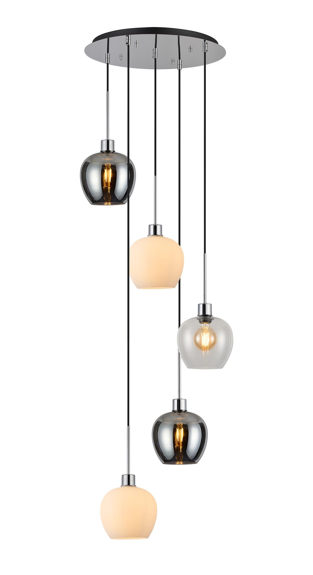 Lori 45cm Round Pendant, 5 Light Adjustable E27, Polished Chrome/Chrome/Opal/Clear Wine Shades
