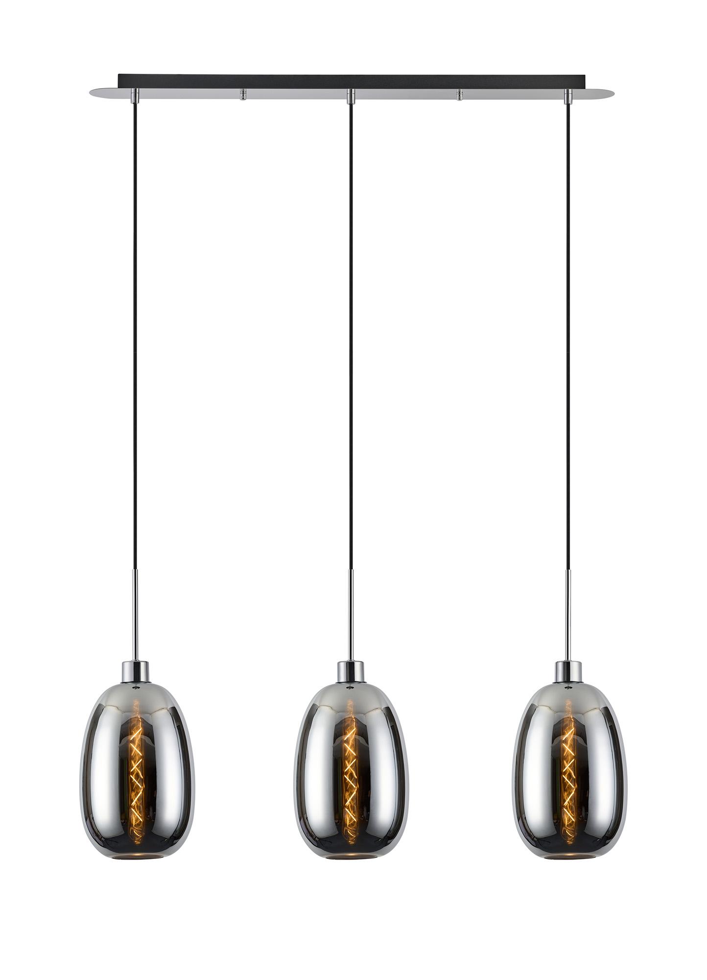 Lori Linear Pendant, 3 Light Adjustable E27, Polished Chrome/Chrome Slim Curved Trapezium Shades