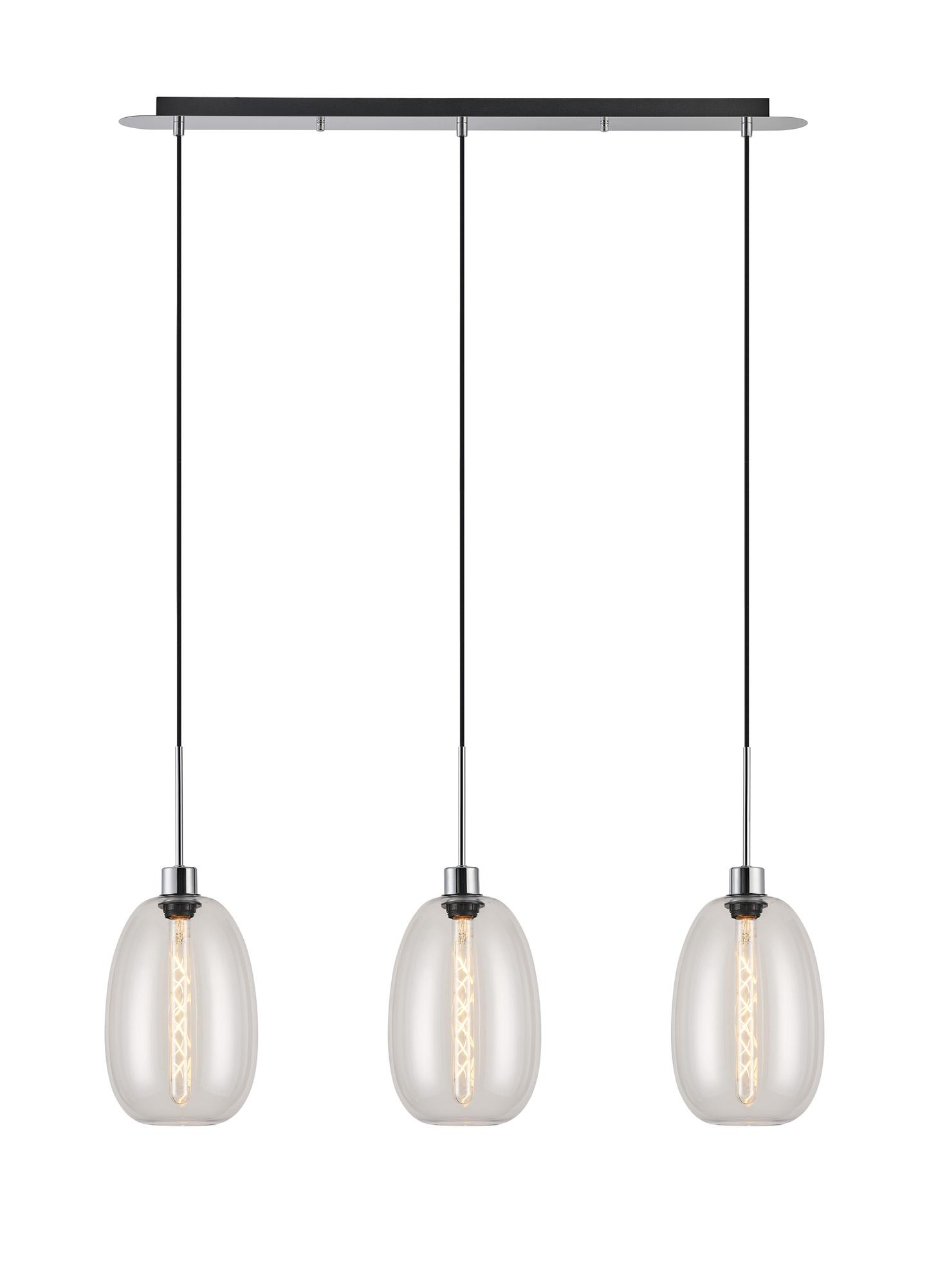 Lori Linear Pendant, 3 Light Adjustable E27, Polished Chrome/Clear Slim Curved Trapezium Shades