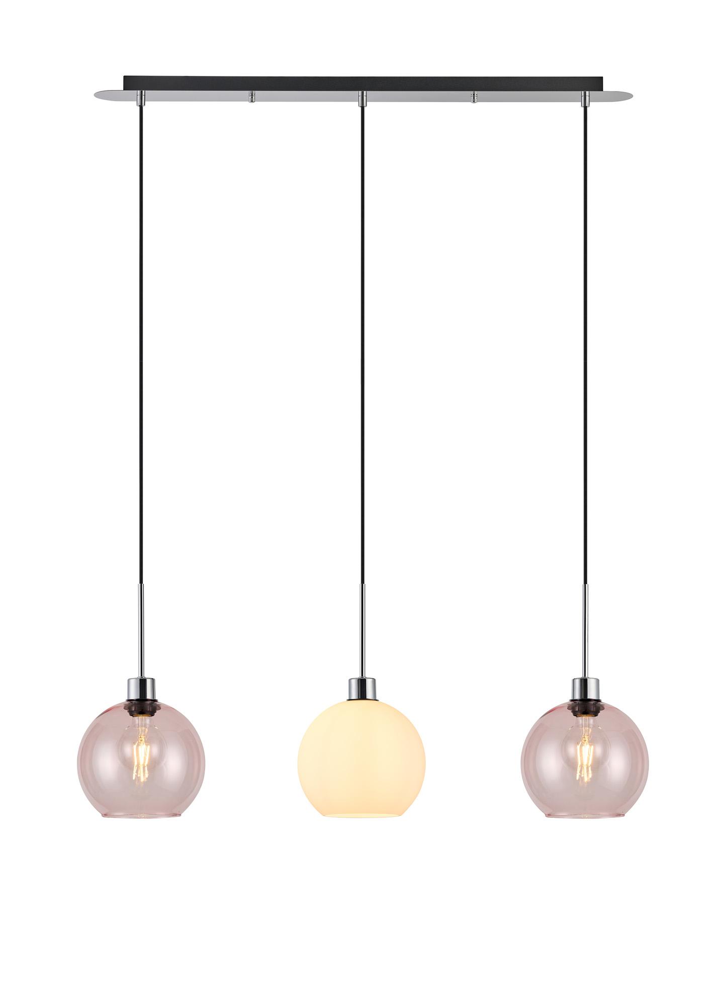Lori Linear Pendant, 3 Light Adjustable E27, Polished Chrome/Opal/Pink Open Mouth Round Globe Shades