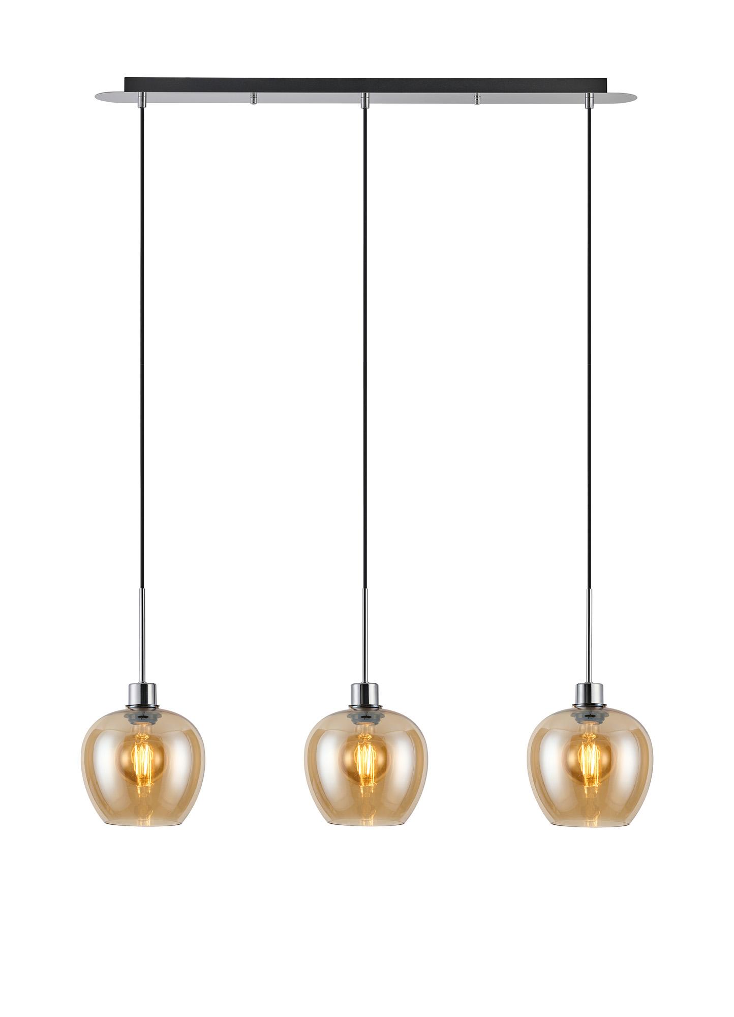 Lori Linear Pendant, 3 Light Adjustable E27, Polished Chrome/Amber Wine Shades