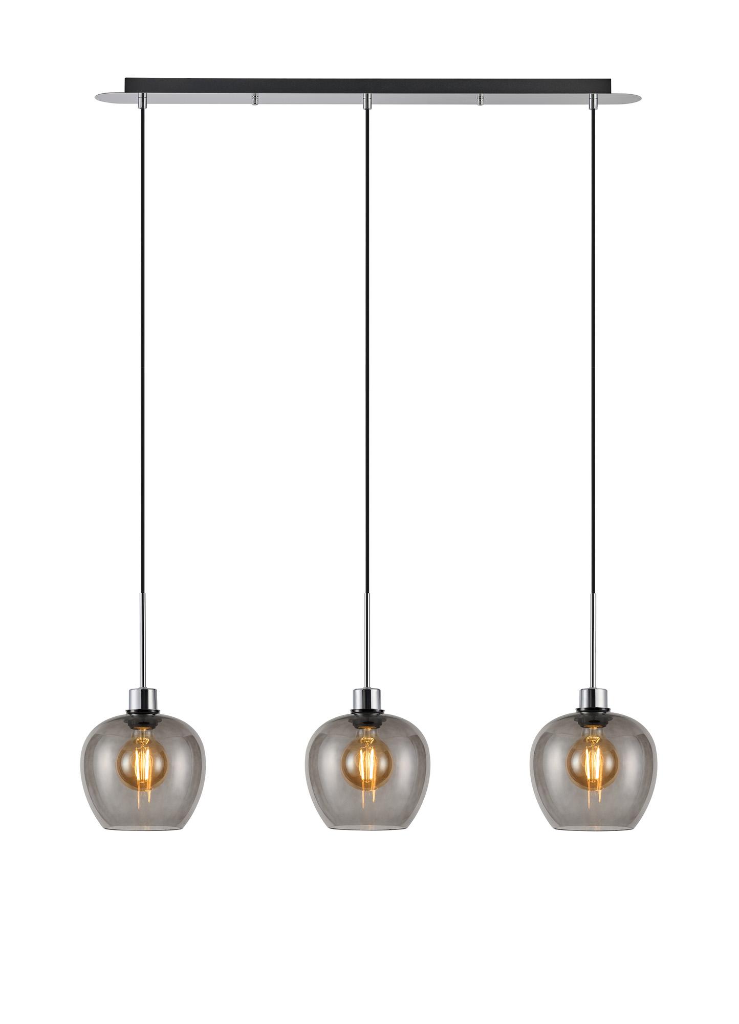 Lori Linear Pendant, 3 Light Adjustable E27, Polished Chrome/Smoke Wine Shades