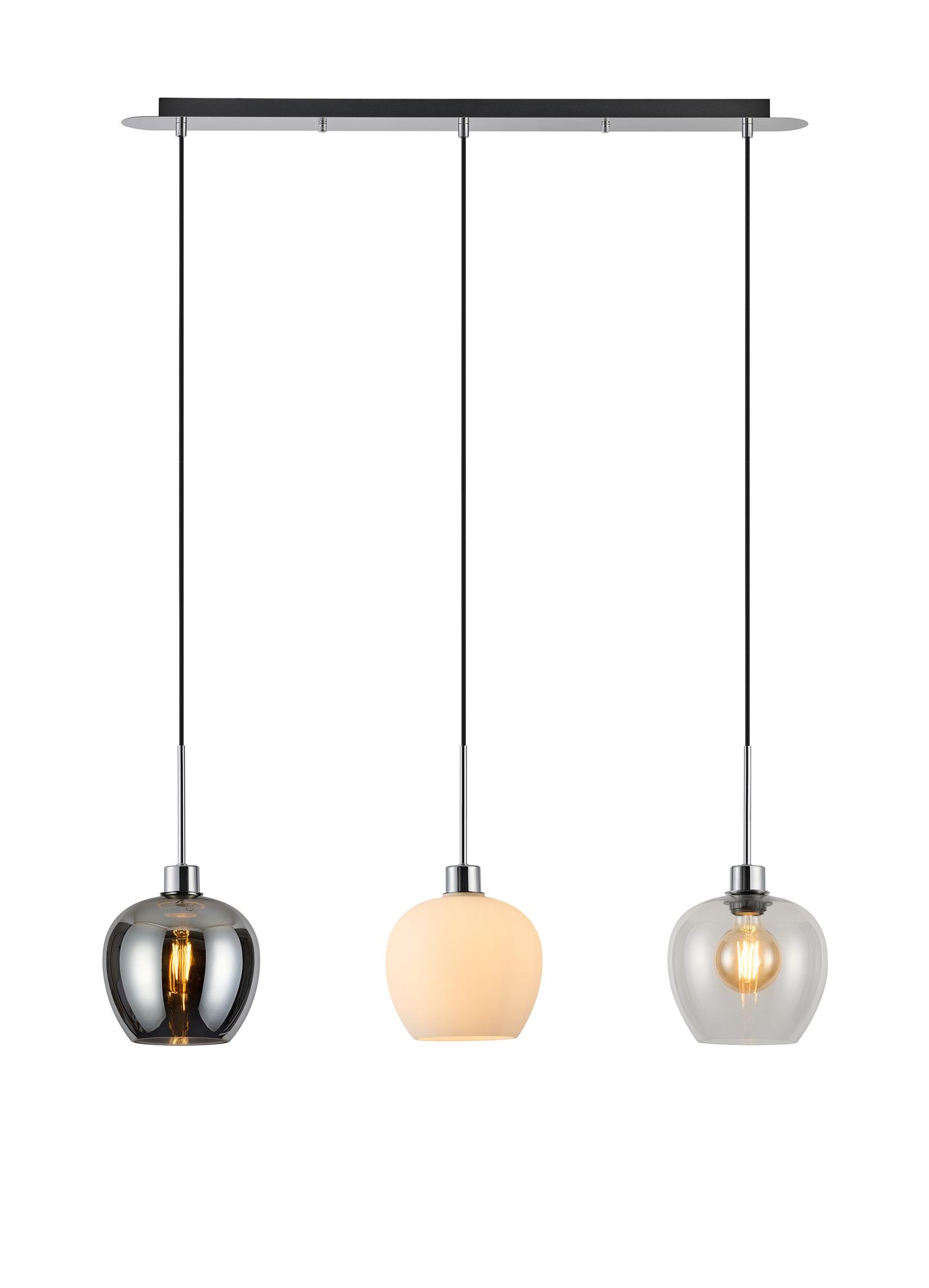 Lori Linear Pendant, 3 Light Adjustable E27, Polished Chrome/Chrome/Opal/Clear Wine Shades