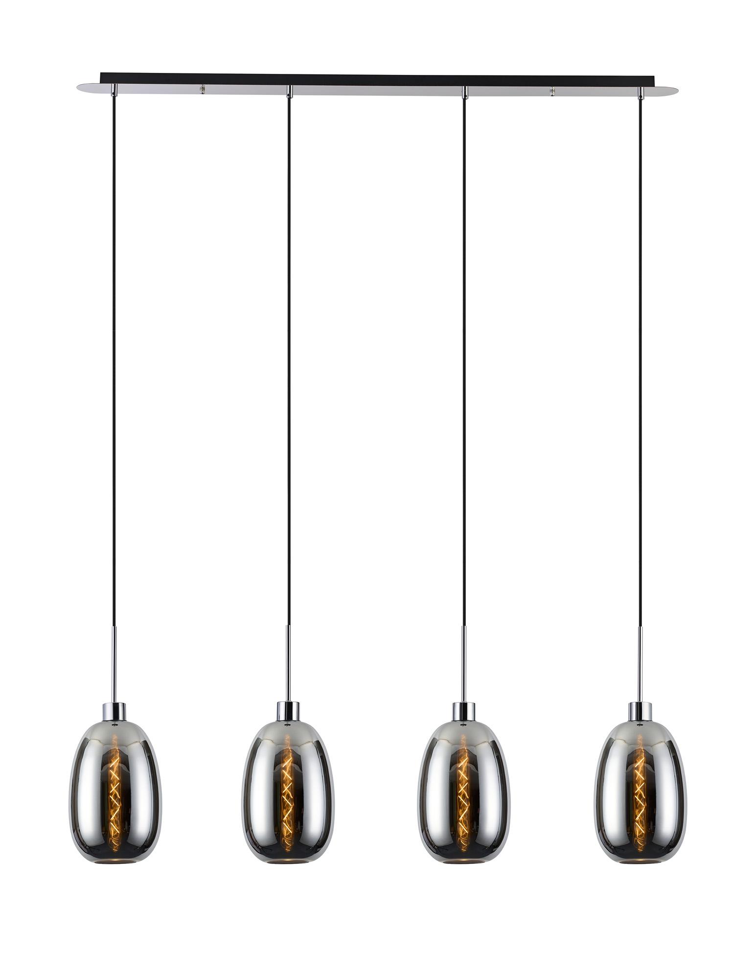 Lori Linear Pendant, 4 Light Adjustable E27, Polished Chrome/Chrome Slim Curved Trapezium Shades