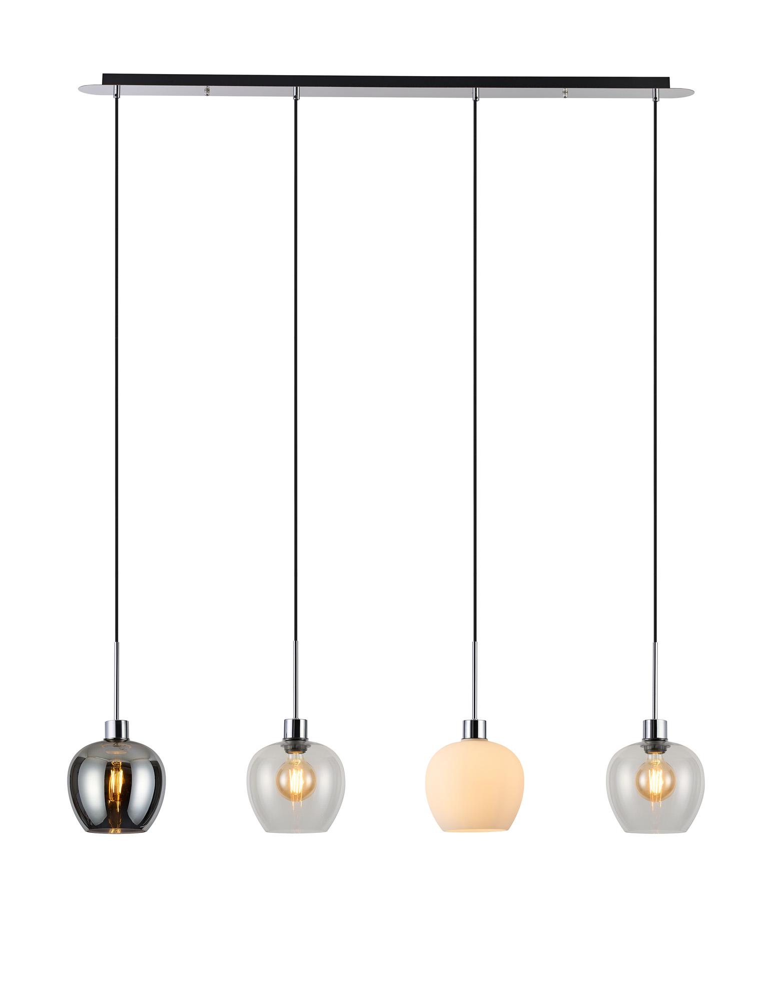 Lori Linear Pendant, 4 Light Adjustable E27, Polished Chrome/Chrome/Opal/Clear Wine Shades