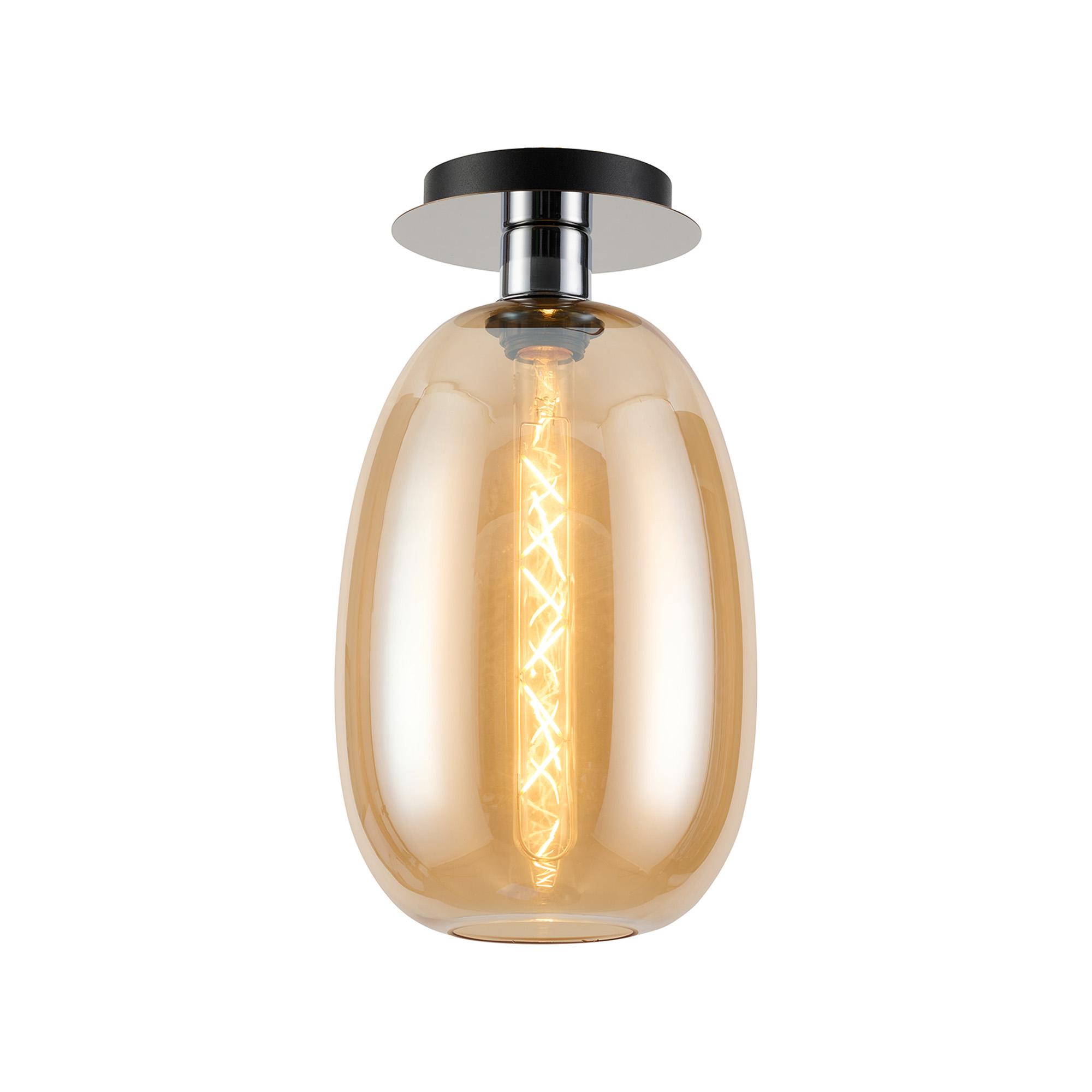 Lori 15cm Round Ceiling Flush, 1 Light Flush Fitting E27, Polished Chrome/Amber Slim Curved Trapezium Shades