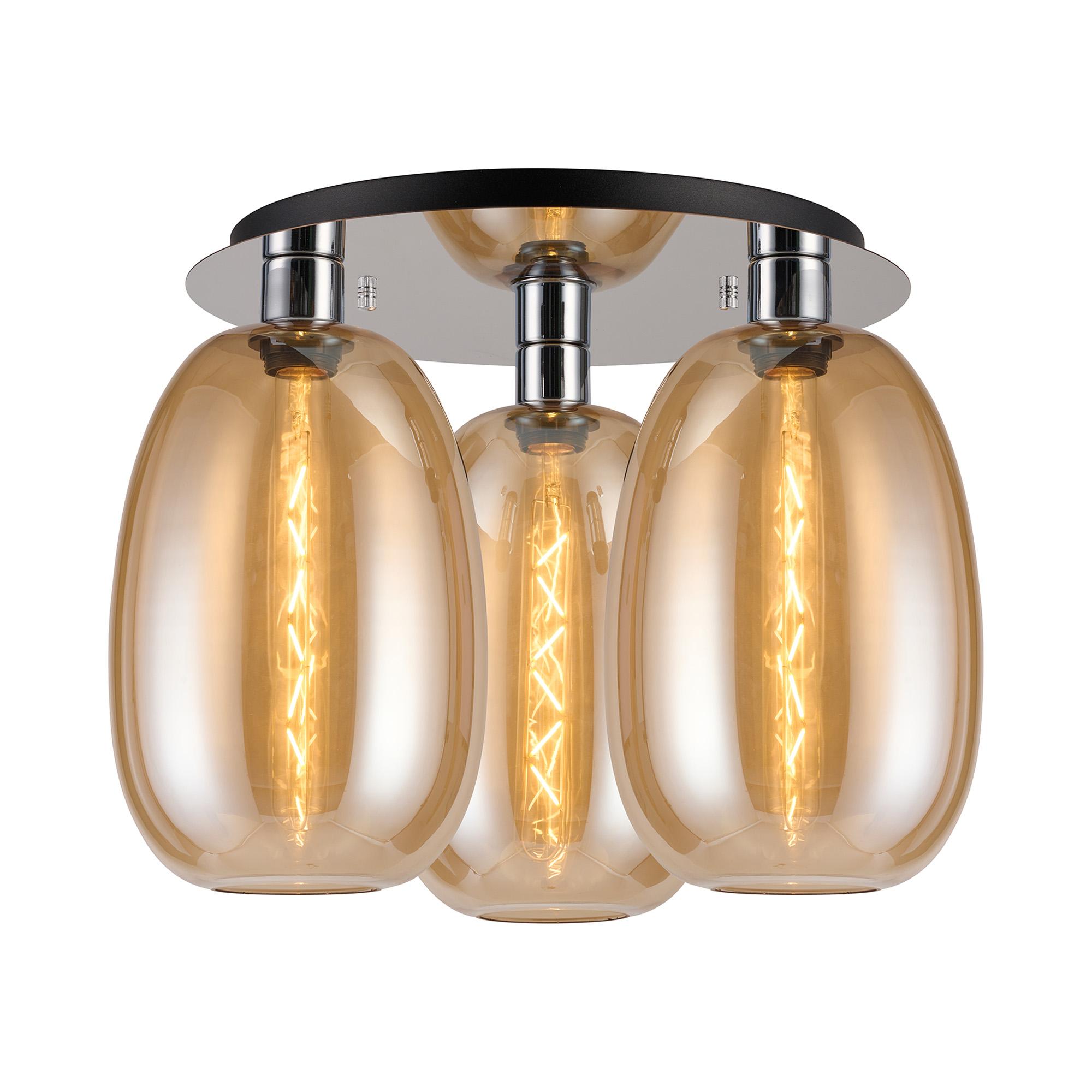 Lori 40cm Round Ceiling Flush, 3 Light Flush Fitting, Polished Chrome/Amber Slim Curved Trapezium Shades