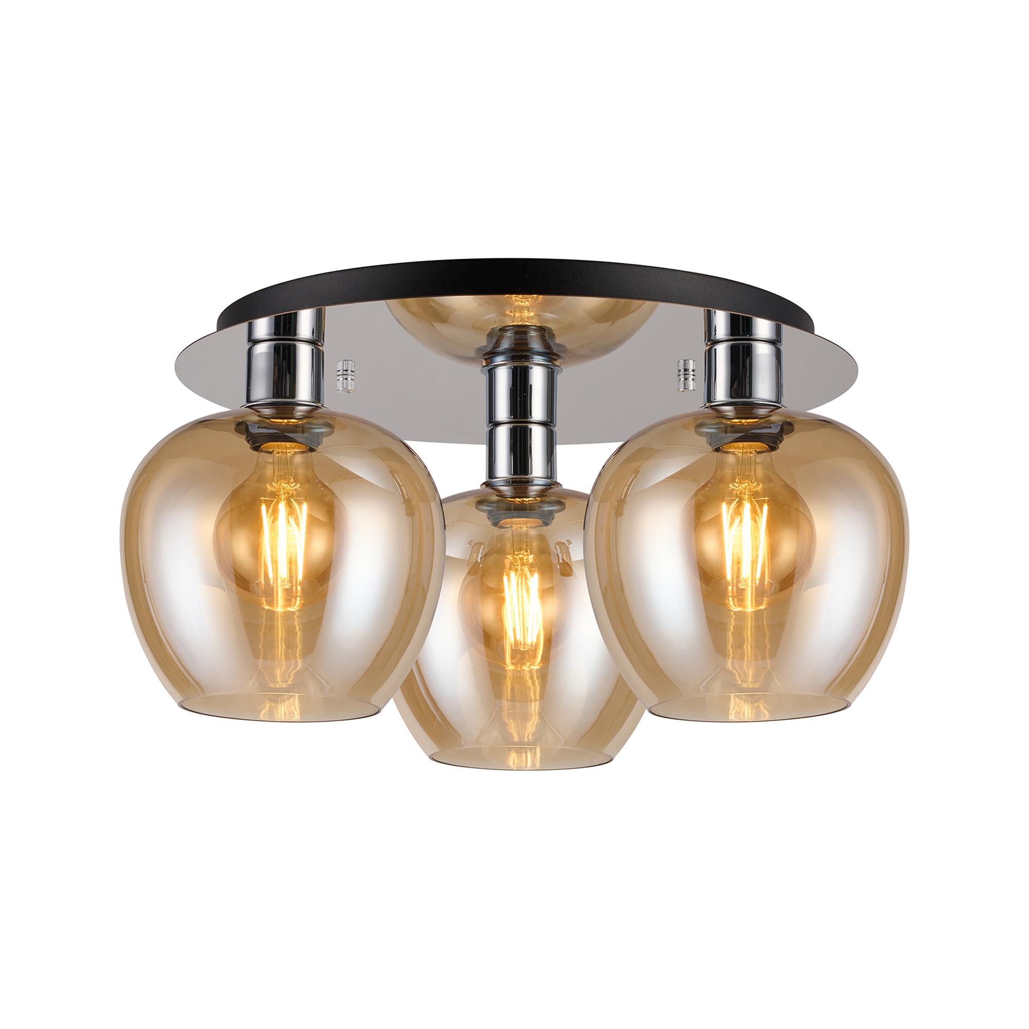 Lori 40cm Round Ceiling Flush, 3 Light Flush Fitting, Polished Chrome/Amber Wine Shades