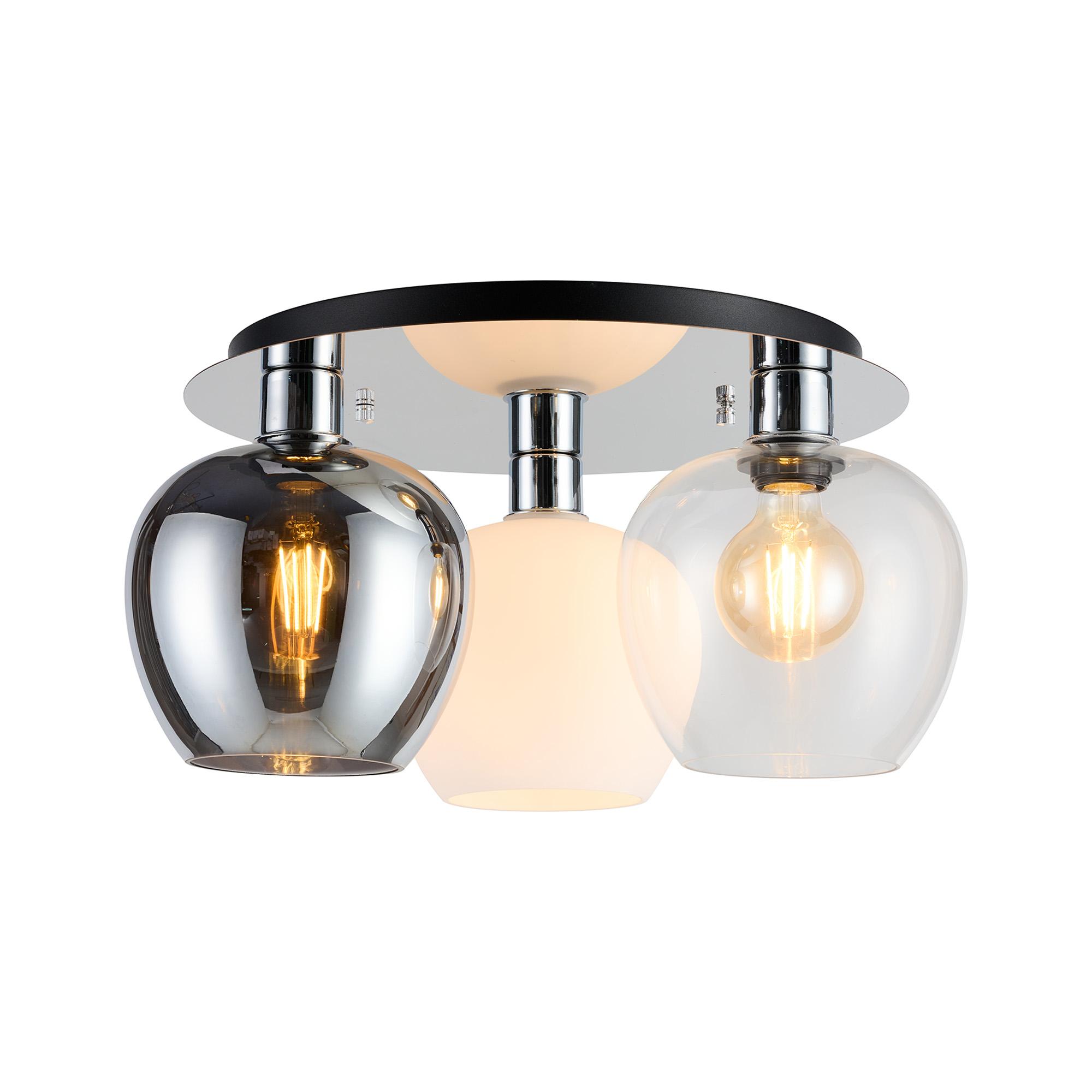 Lori 40cm Round Ceiling Flush, 3 Light Flush Fitting, Polished Chrome/Chrome/Opal/Clear Wine Shades