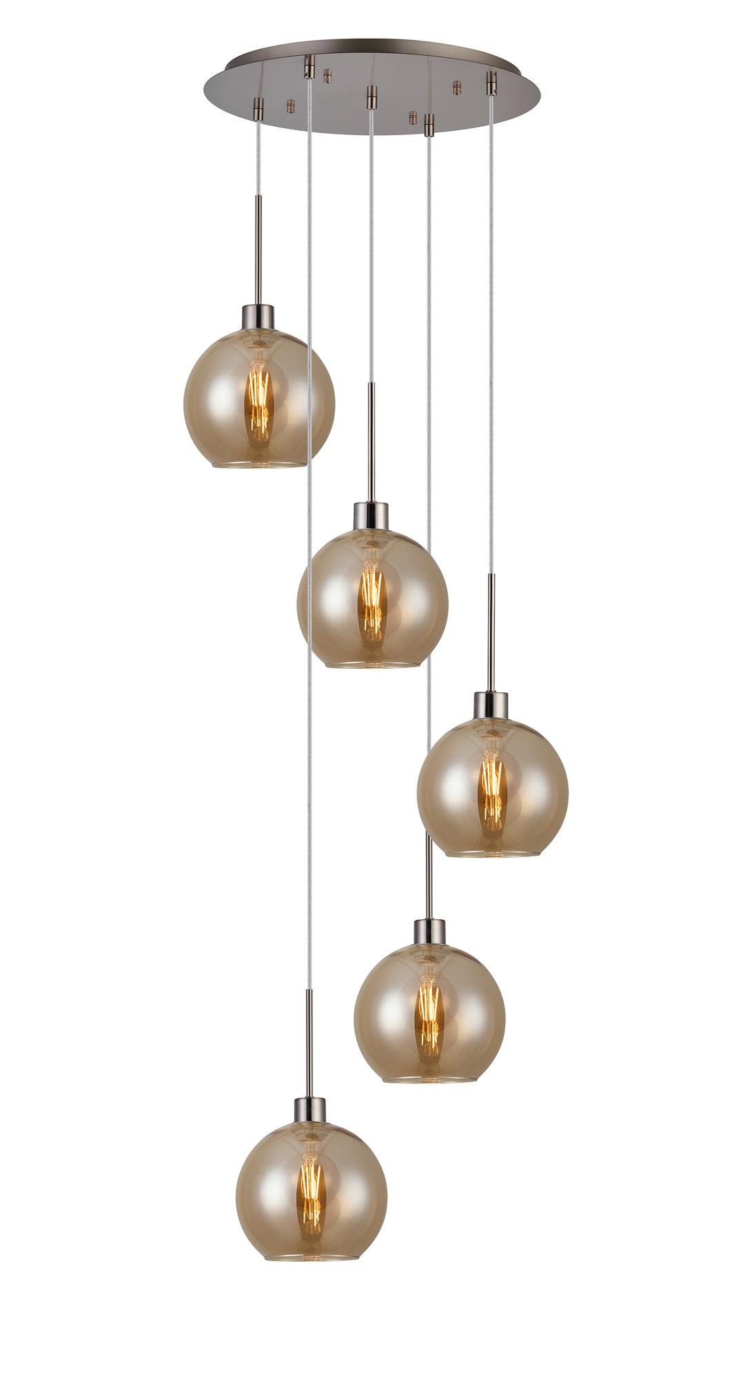 Lori 45cm Round Pendant, 5 Light Adjustable E27, Satin Nickel/Amber Open Mouth Round Globe Shades