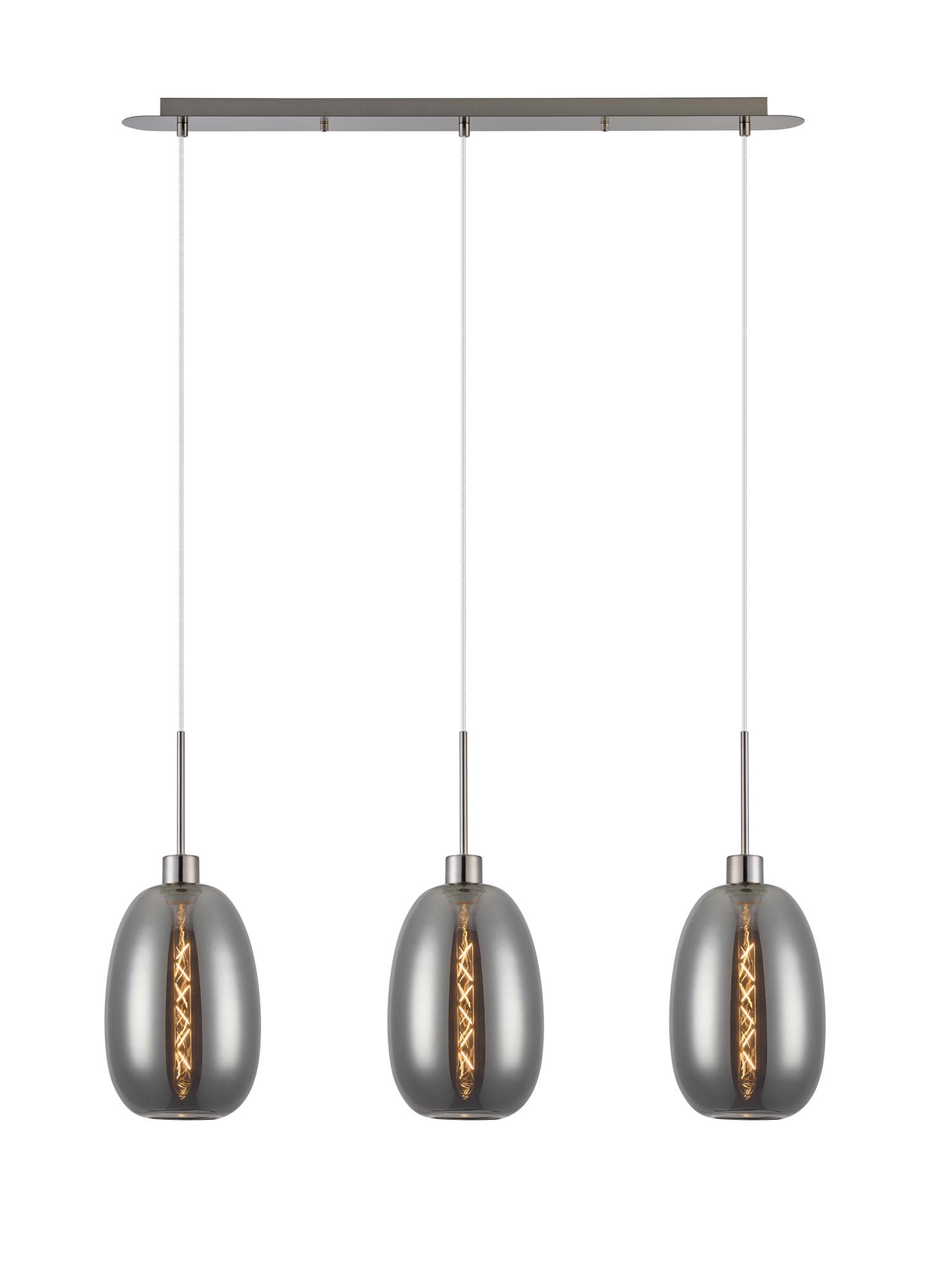 Lori Linear Pendant, 3 Light Adjustable E27, Satin Nickel/Smoke Slim Curved Trapezium Shades