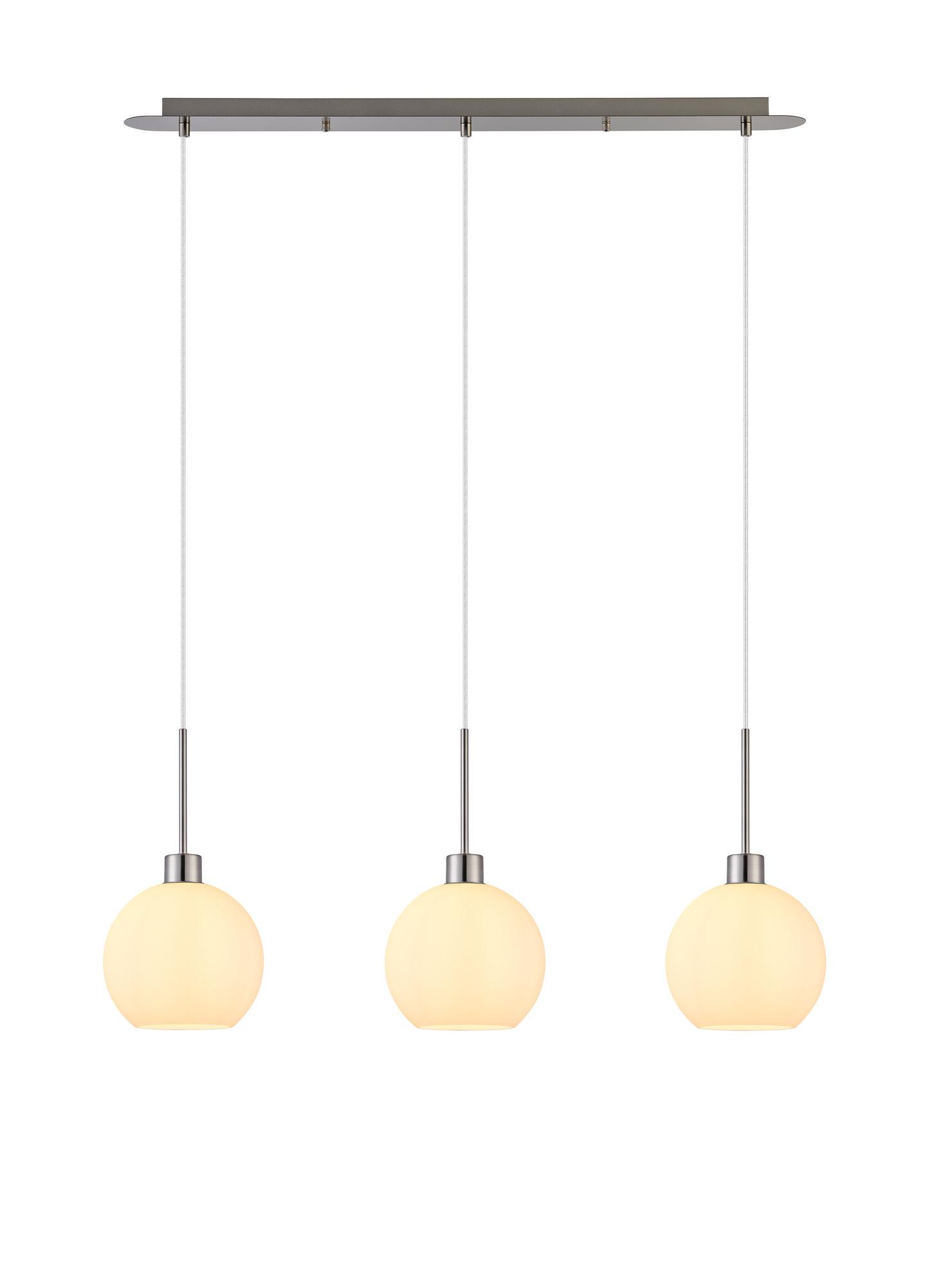 Lori Linear Pendant, 3 Light Adjustable E27, Satin Nickel/Opal Open Mouth Round Globe Shades