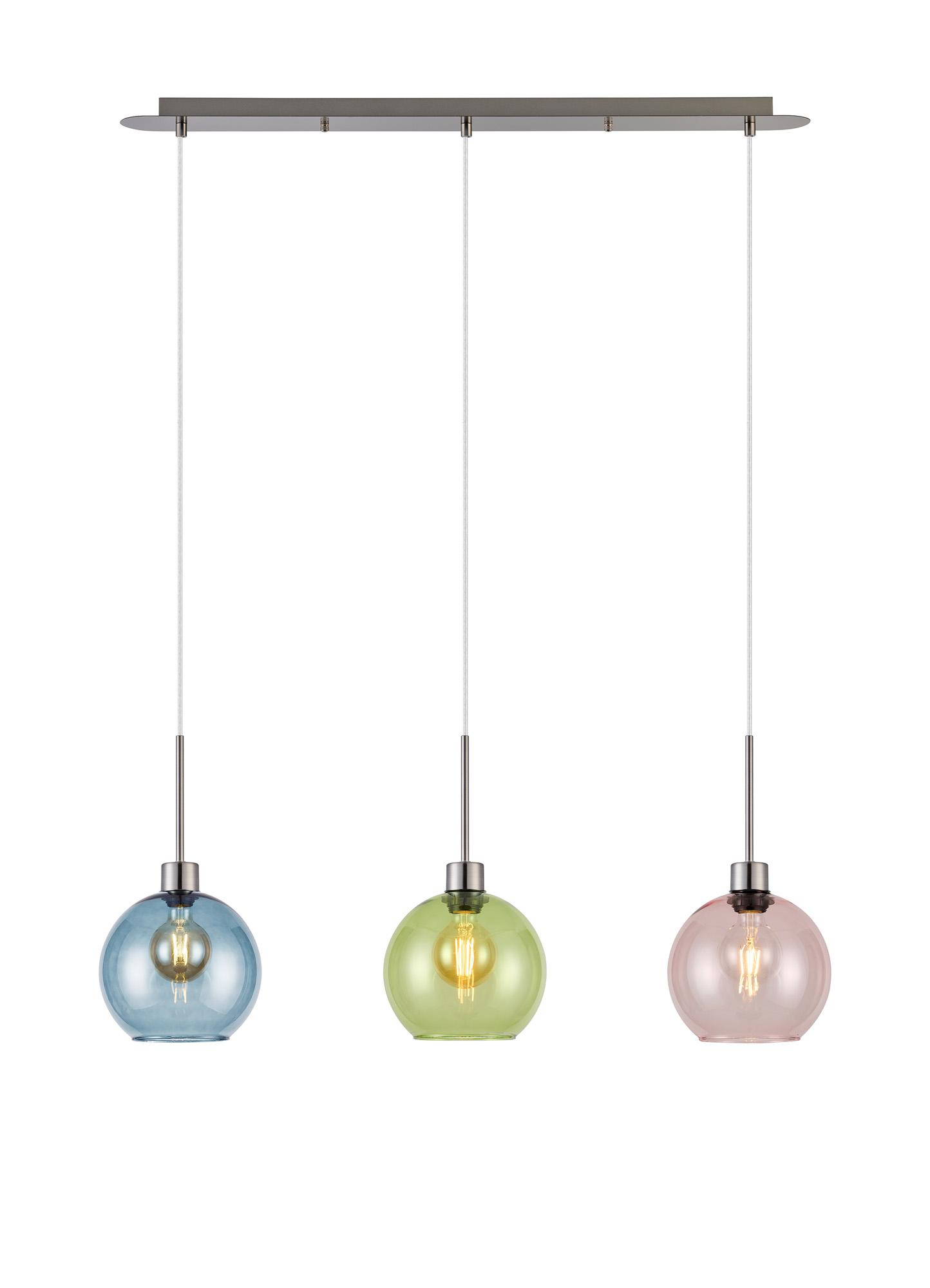 Lori Linear Pendant, 3 Light Adjustable E27, Satin Nickel/Blue/Green/Pink Open Mouth Round Globe Shades