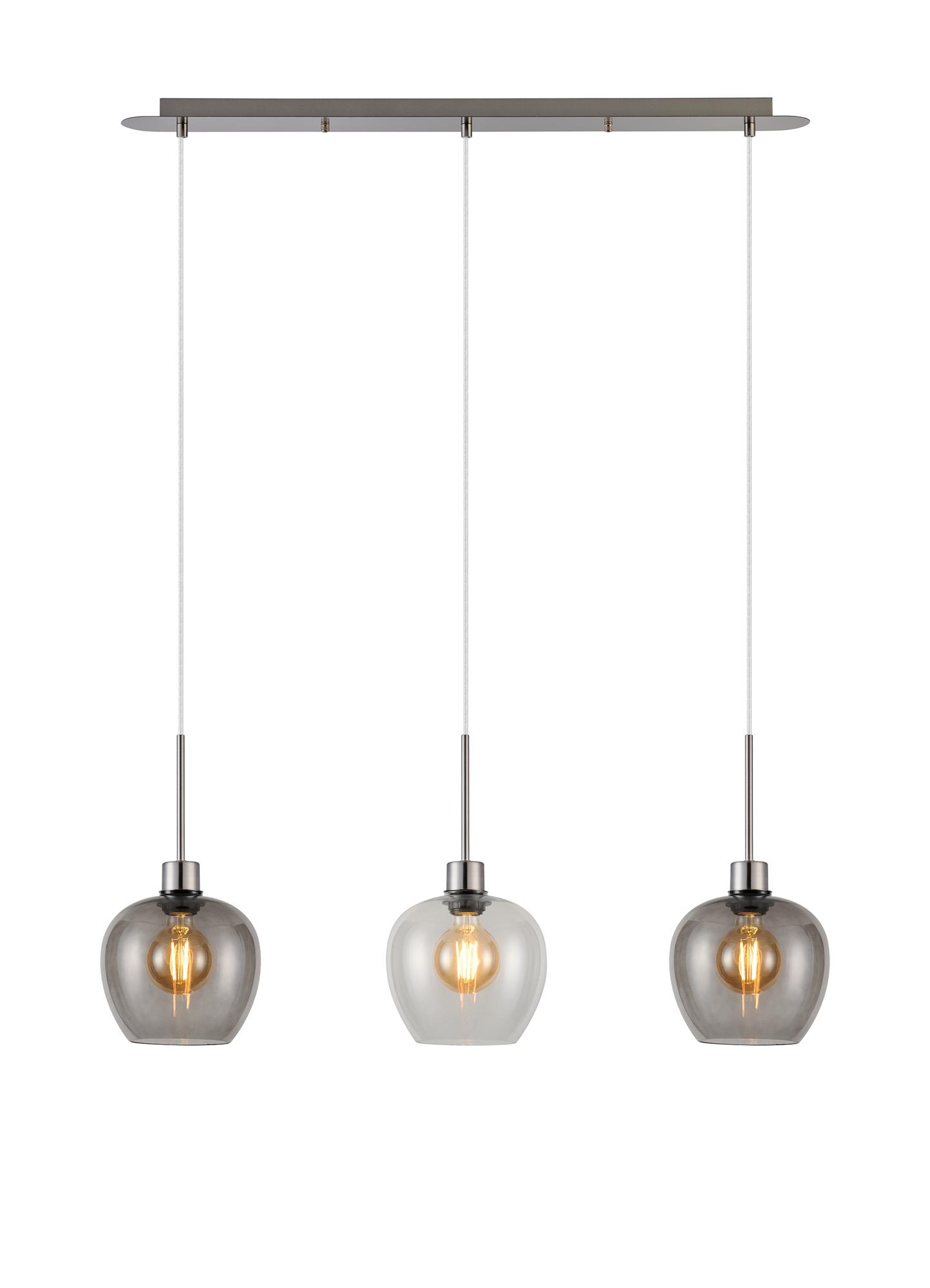 Lori Linear Pendant, 3 Light Adjustable E27, Satin Nickel/Clear/Smoke Wine Shades