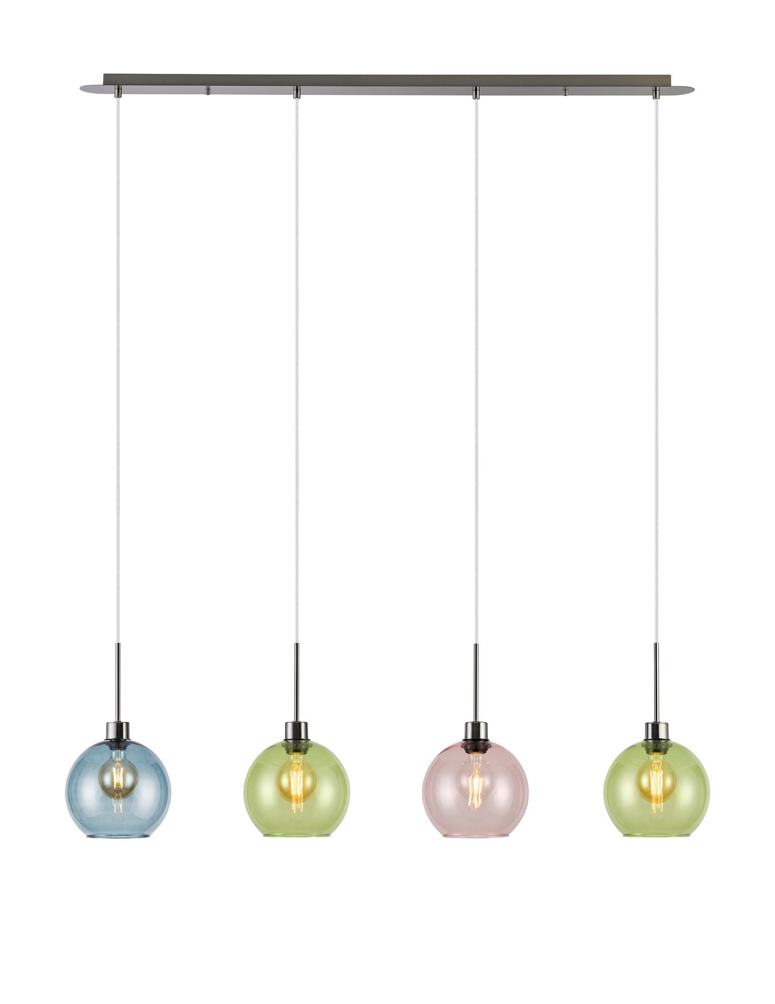 Lori Linear Pendant, 4 Light Adjustable E27, Satin Nickel/Blue/Green/Pink Open Mouth Round Globe Shades