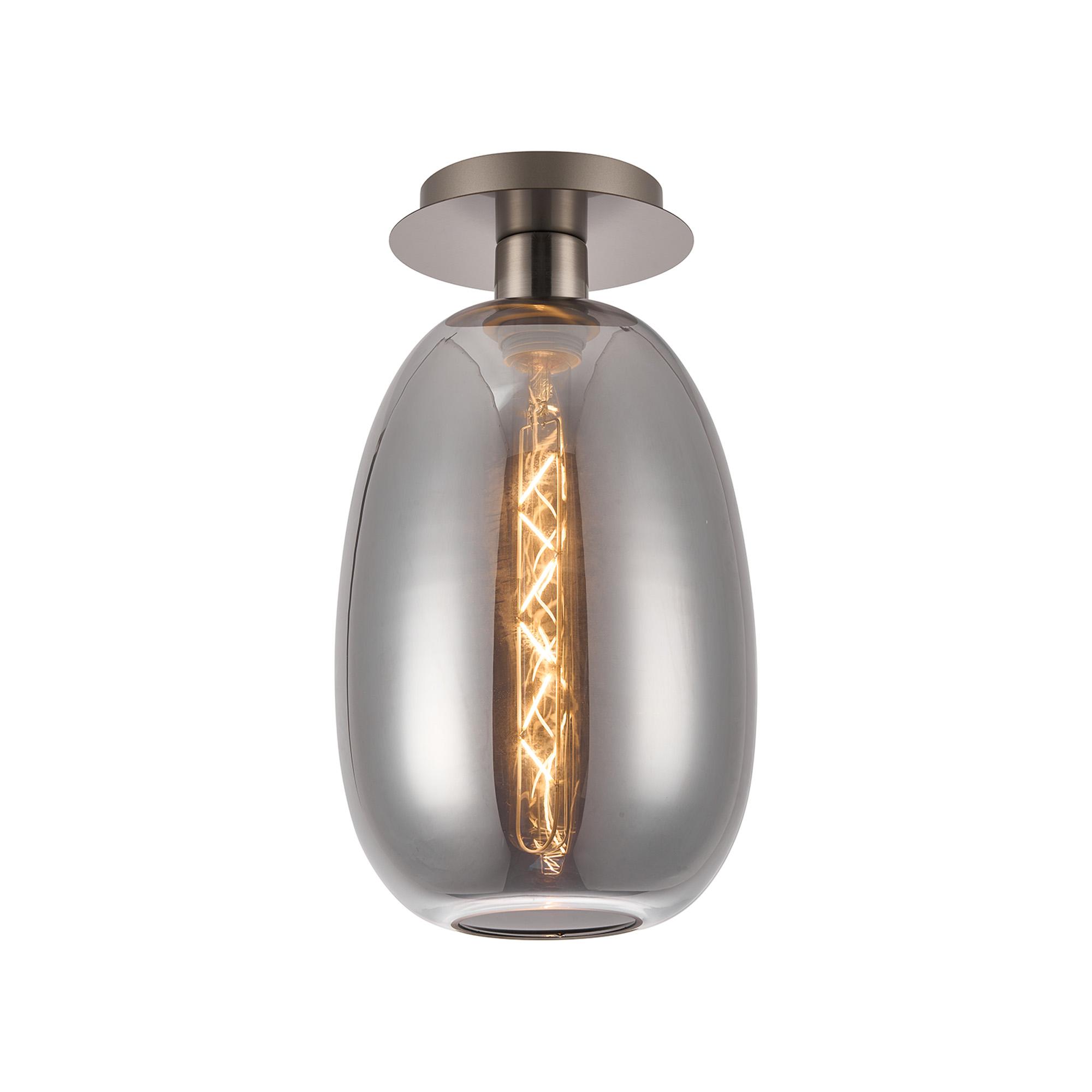 Lori 15cm Round Ceiling Flush, 1 Light Flush Fitting E27, Satin Nickel/Smoke Slim Curved Trapezium Shades