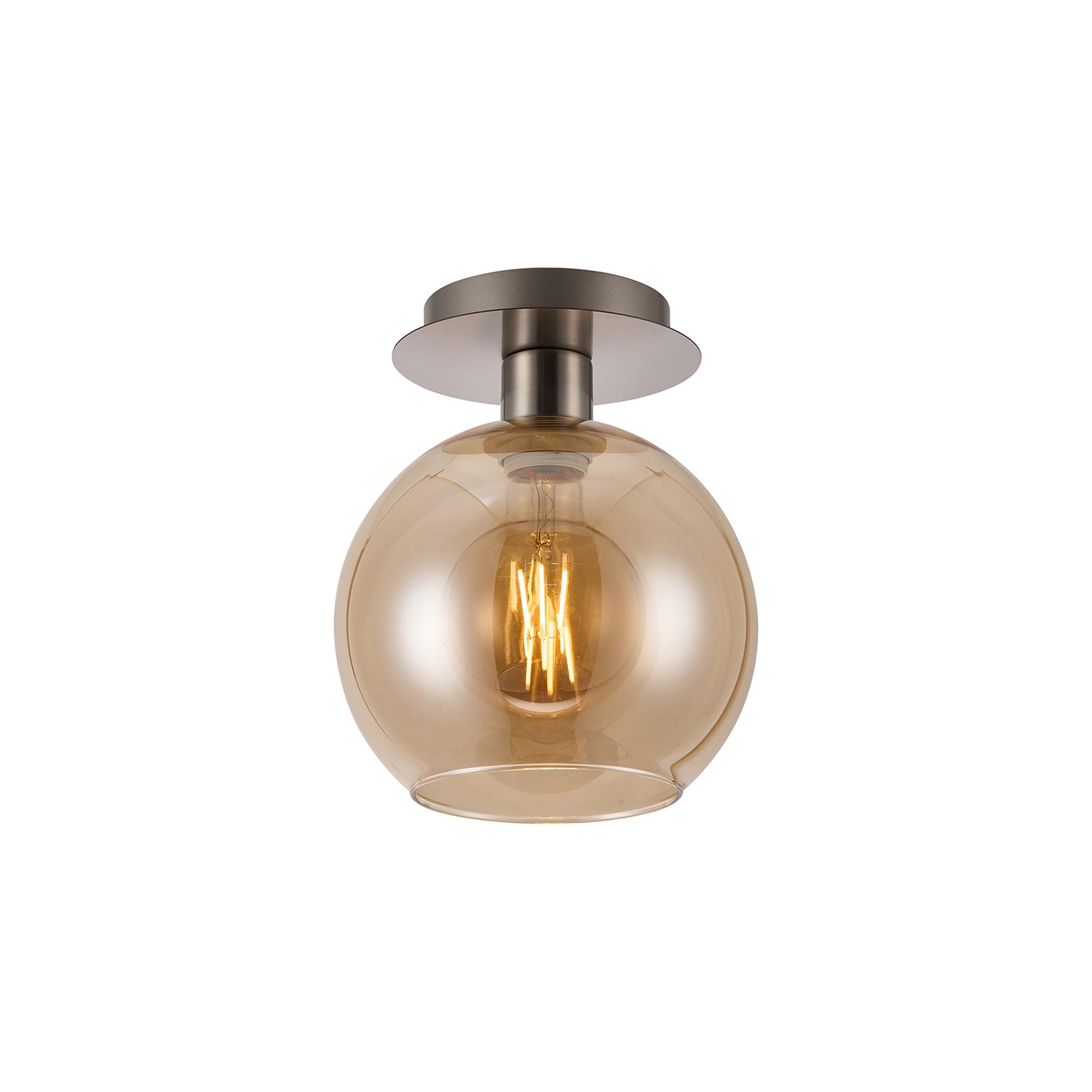 Lori 15cm Round Ceiling Flush, 1 Light Flush Fitting E27, Satin Nickel/Amber Open Mouth Round Globe Shades