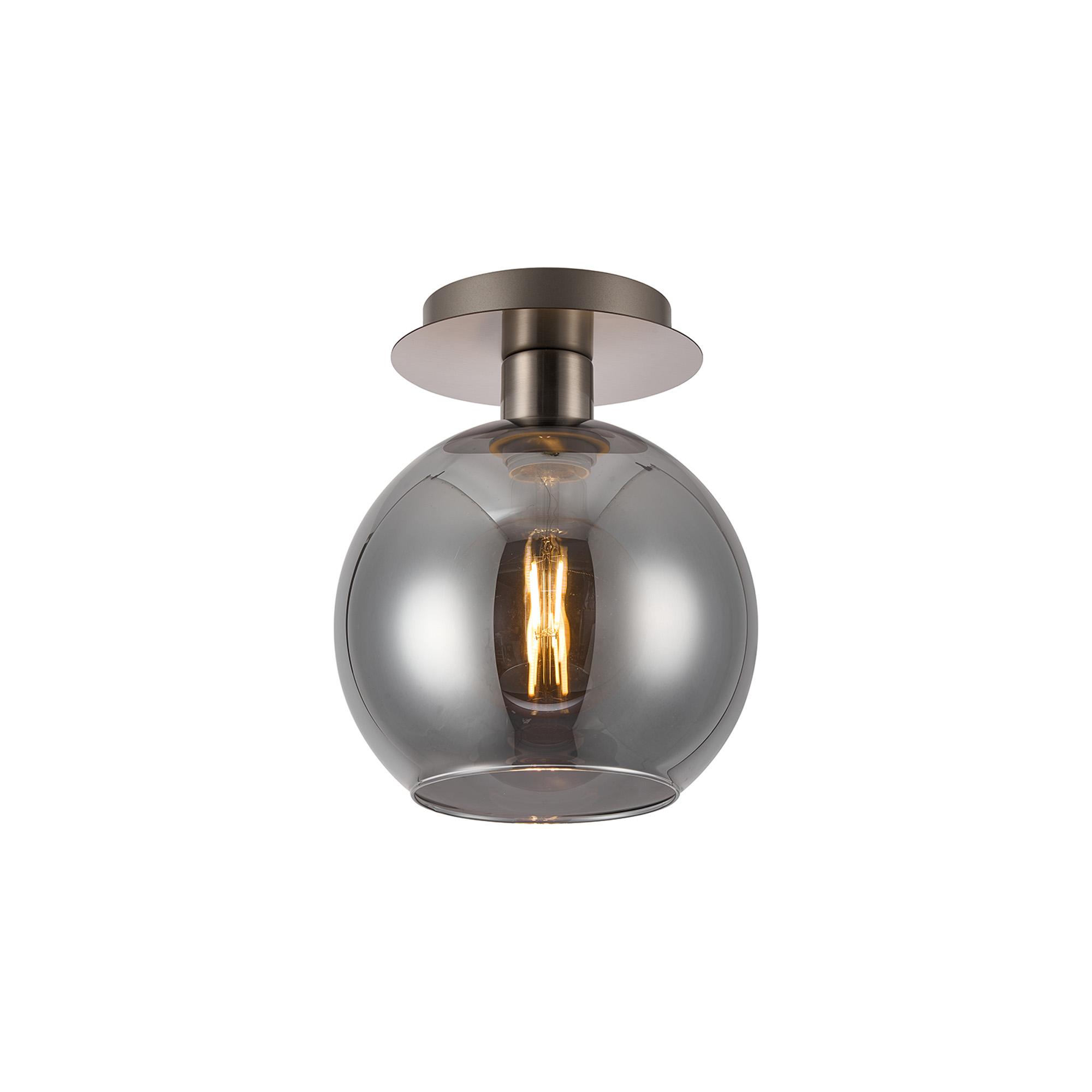 Lori 15cm Round Ceiling Flush, 1 Light Flush Fitting E27, Satin Nickel/Smoke Open Mouth Round Globe Shades