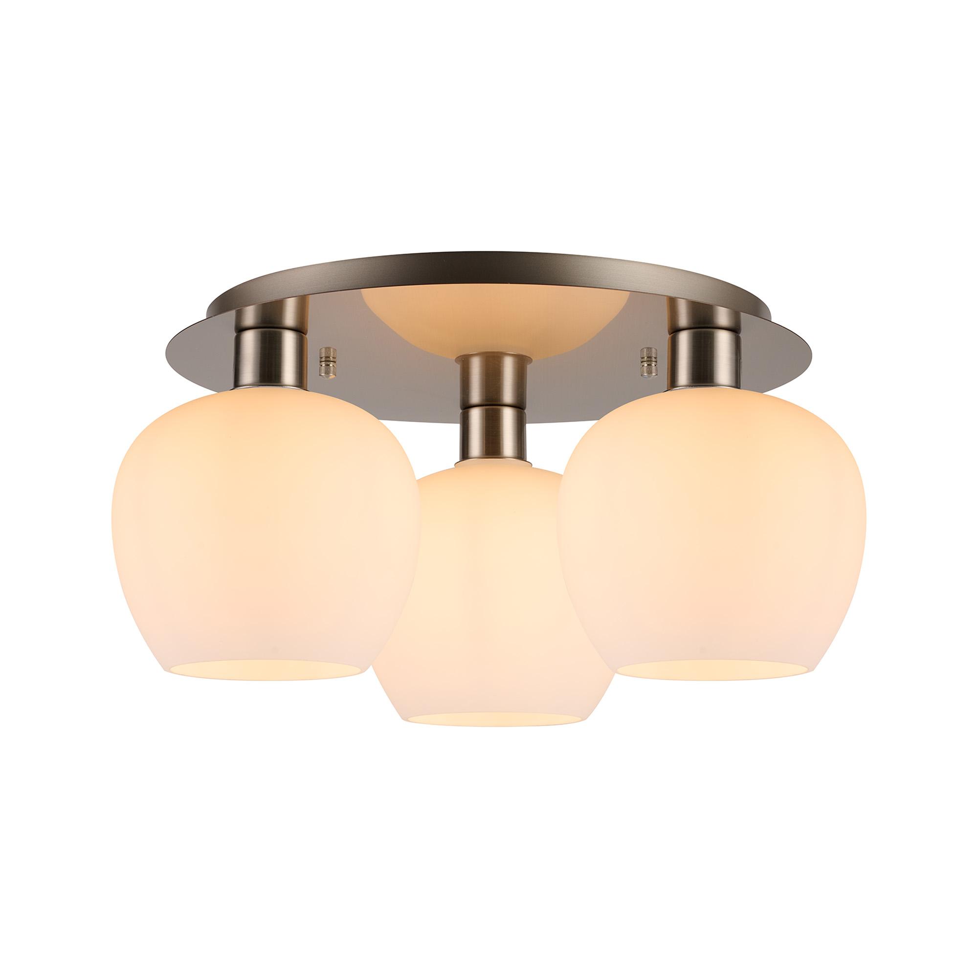 Lori 40cm Round Ceiling Flush, 3 Light Flush Fitting, Satin Nickel/Opal Wine Shades