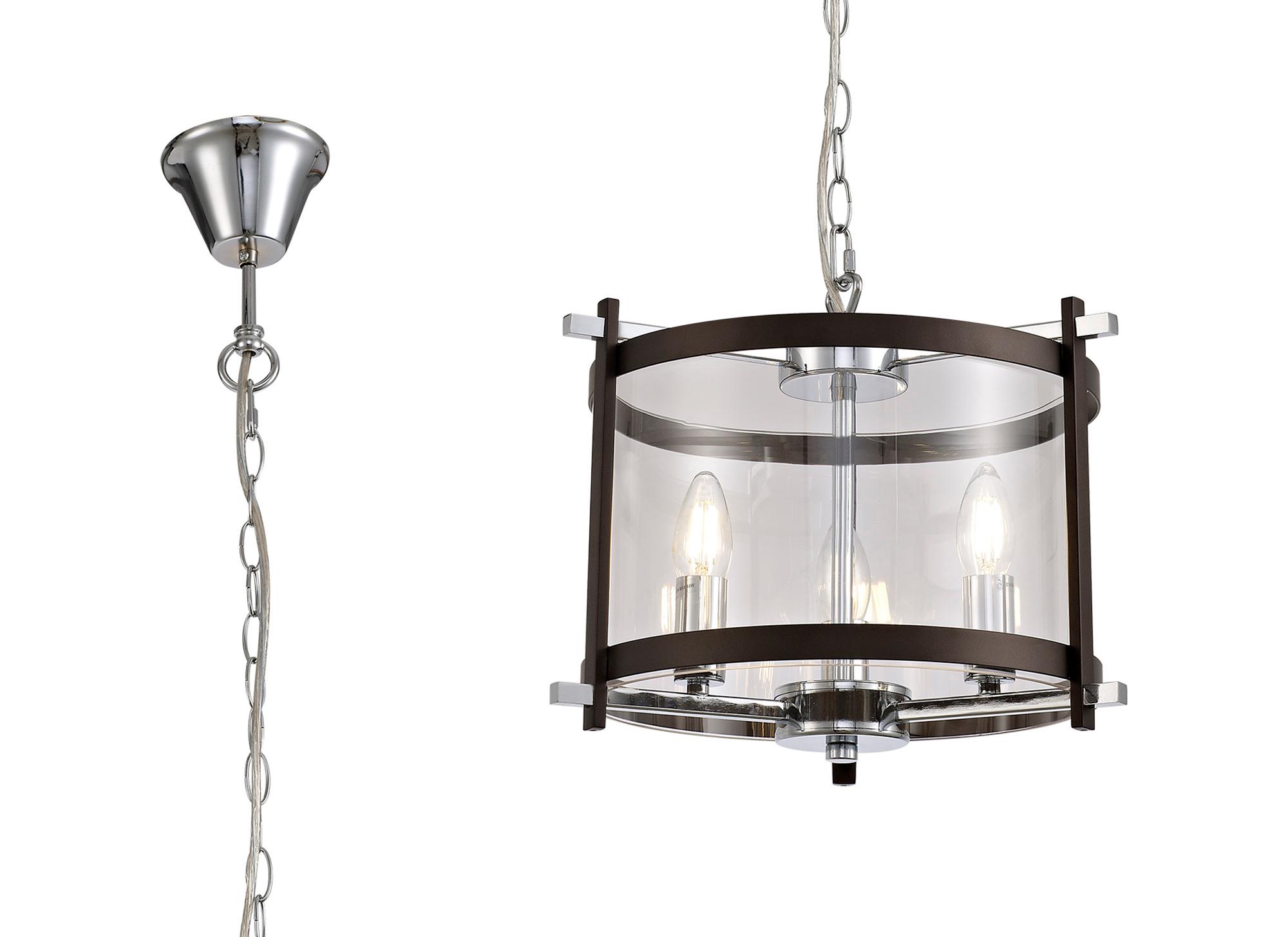 Nolan Single 36cm Pendant 3 Light E14 Brown Oxide/Polished Chrome/Clear Glass