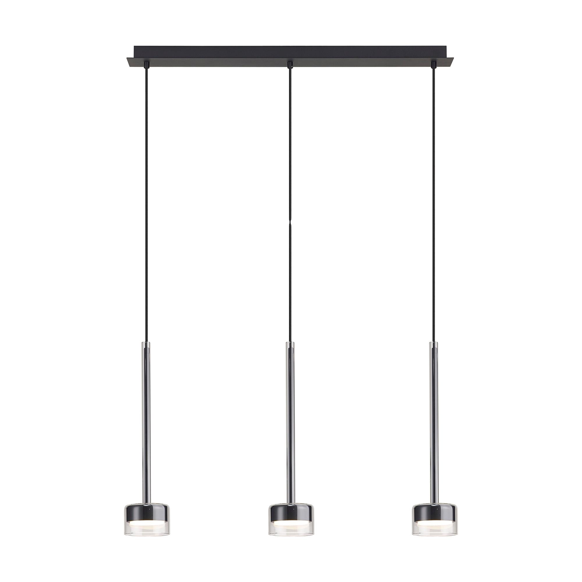 Tonic Linear Dimmable Pendant, 3 Light, With Replaceable 12W LEDs, 4000K, Chrome/Black/Clear Glass